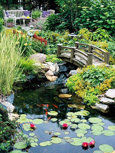 Pond Perfect        A restful landscape includes an expansive pond. Kolam Air, Kolam Koi, Fish Pond Gardens, Taman Air, Garden Pond Design, Diy Pond, Pond Waterfall, Pond Water Features, Pond Landscaping