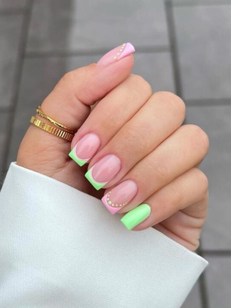 Trendy Gel Nail Designs, Pink And Green Nail Designs, Summer French Nails, Nail Almond, Neon Summer, Nails Bright, Summer Gel Nails, Green Nail Art, Nail Acrylic