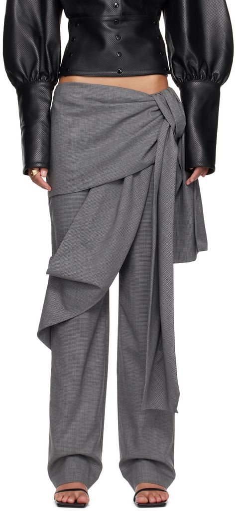 Relaxed-fit virgin wool broadcloth trousers. Check pattern throughout. · Layered construction · Low-rise · Asymmetric self-tie bow accent at front · Unfinished hem · Concealed zip closure at back · Full satin lining Supplier color: Soft grey Interesting Pants Design, Grey Fashion Outfits, Trousers Runway, Asymmetrical Clothing, Avant-garde Fitted Asymmetrical Bottoms, Structured Clothing, Avant-garde Fitted Trousers, Pockets Fashion Details, Streetwear Trousers With Button Closure