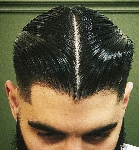 Gelled Hair Men, Middle Part Slick Back, Slicked Hair Men, Middle Part Hairstyles Men, Hair Gell, Sleek Back Hair, Middle Part Haircut, Brylcreem Hairstyles, Center Part Hairstyles