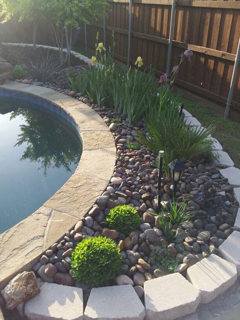 Backyard Rock Garden, Landscaping Around Pool, Inground Pool Landscaping, Landscape Curbing, Backyard Area, Swimming Pool Landscaping, Architectural Presentation, Sloped Backyard, Garden Flower Beds