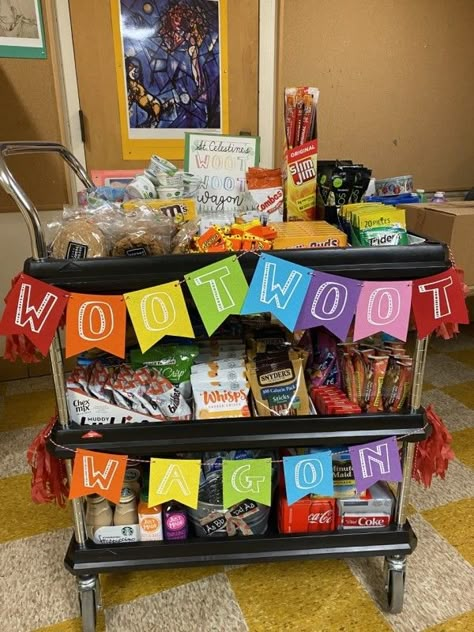 Admin Week Ideas, Staff Break Room Snack Ideas, Staff Corner Ideas, School Snack Cart For Teachers, Attendance Prizes Ideas, Staff Appreciation Snack Cart Ideas, Snack Cart For Teacher Appreciation, Appreciation Station For Teachers, Teacher Appreciation Decor Party Ideas