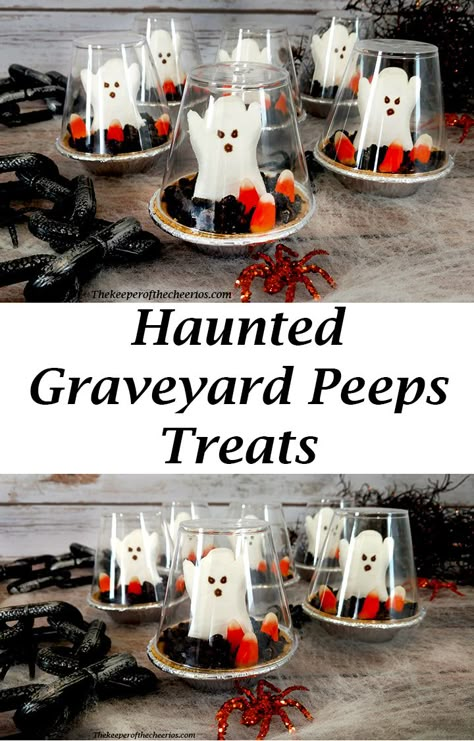 Ghost Desserts, Ghost Theme Party, Halloween Bunco, Peeps Treats, Kids Treat Bags, Halloween Peeps, Ghost Treats, Haunted Graveyard, Halloween School Treats