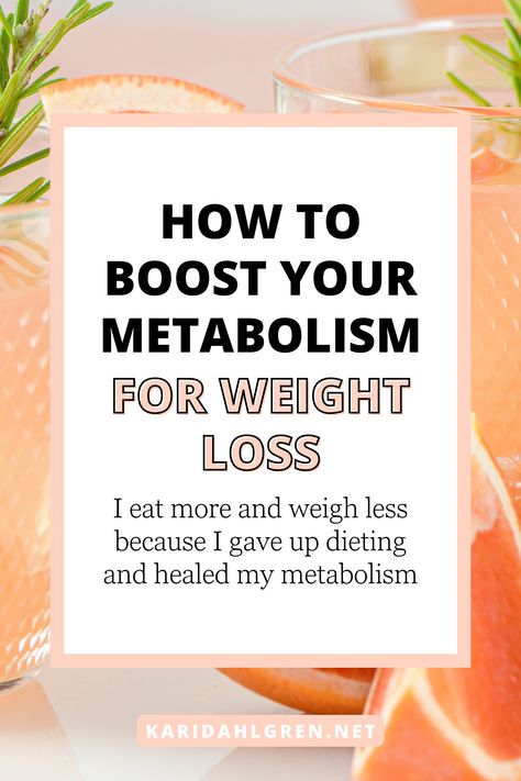 If you want to learn how to boost your metabolism, start by understanding how reducing calorie intake actually slows it down! Most tips for losing weight involve eating less, but your body is incredibly smart and adaptive and begins to burn less calories when you do this. Once I gave up dieting, I healed my metabolism and eat more while weighing less — not to mention my mental health improved too. Click through to learn how to boost your metabolism to lose weight without dieting ever again. How To Jumpstart Metabolism, How To Restart Your Metabolism, How To Increase Metabolism After 40, Raise Metabolism How To, How To Boost Metabolism Fast, Slow Metabolism Tips, How To Jump Start Metabolism, How To Heal Your Metabolism, How To Fix Your Metabolism