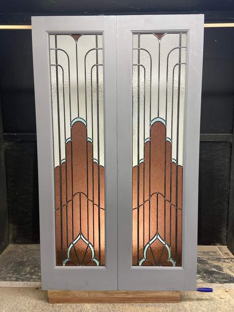 Art Deco Leadlight Front Door, Art Deco French Doors, Art Deco Stained Glass Door, Art Deco Glass Doors, Stained Glass Interior Doors, Art Deco Stained Glass Designs, Stained Glass Art Deco, Modern Stained Glass Windows, Stained Glass Front Door