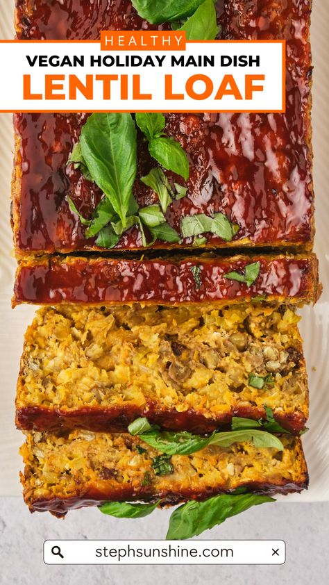 A top-down view of a sliced lentil loaf on a platter topped with basil leaves; text says, "healthy vegan holiday main dish lentil loaf." Vegan Christmas Recipes Main Dishes, Vegan Christmas Dinner Main, Vegan Meatloaf Lentil, Lentil Loaf Vegan, Veganuary Recipes, Lentil Loaf Recipe, Vegan Lentil Loaf, Vegan Main Dish, Veggie Loaf