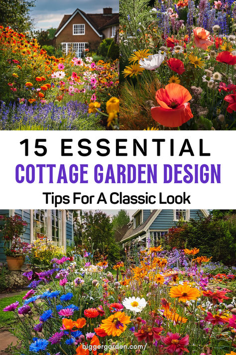 Colorful cottage garden filled with wildflowers, vibrant blooms, and lush greenery, creating a classic English garden look. Cottage Garden Ideas Layout, Cottage Garden Design Layout, Cottagecore Garden, Garden Retreat, Classic Cottage, Cottage Garden Design, Cottage Exterior, Garden Design Layout, Cottage Gardens