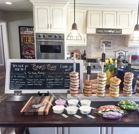 How cute is this bagel bar from the baby shower today celebrating @kirstenmariesmith ! Great job @laurenlaporta @jclodfelter @jenniferskib… Bagel Station, Brunch Tailgate, First Birthday Brunch, Baby Shower Brunch Food, Wedding Shower Brunch, Graduation Brunch, Bachelorette Brunch, Bagel Bar, Bridesmaid Brunch