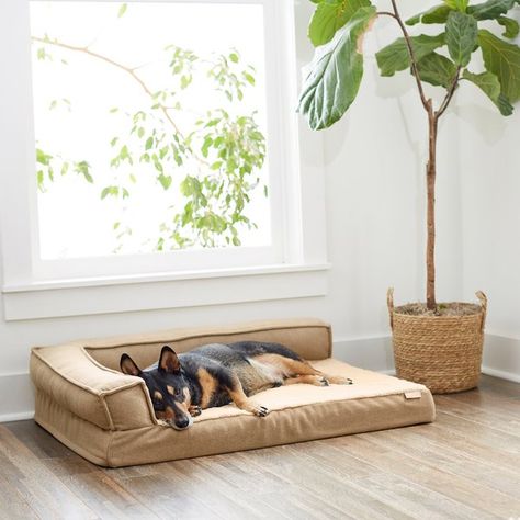 FRISCO Heathered Woven Orthopedic Corner Sofa Bolster Dog Bed w/Removable Cover, Tan, Large - Chewy.com Big Dog Beds, Pillow Dog Bed, Corner Bed, Dog Bedroom, Cute Dog Beds, Dog Corner, Dog Accesories, Dogs Stuff, Bolster Dog Bed