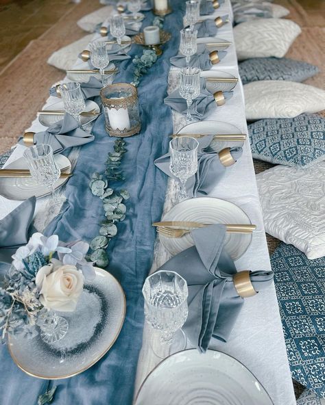 Dusty Blue And Peach Table Setting, Table Decor For Rectangular Tables, Bridal Shower Ideas Blue And White, Ice Blue Weddings, Kitchen Organizing Ideas, Bride Maids, Blue Table Settings, Bridesmaid Brunch, Blue Wedding Decorations