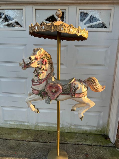 Life Size Vintage Antique hand painted Carousel Horse. Not sure about exact age, my guess it would be from the 80's. This would make a perfect photo prop for a baby shower, birthday party, whimsical fairytale wedding or display piece in a nursery/child room, store front window  display, event decoration or simply because you love her! One of a kind! She is a beauty. She is hand painted and decorated with a variety of 3D flowers and embellishments. She has a large 3D Heart on one side. She measur Whimsical Circus, Carousel Painting, Vintage Carousel, Horse Carousel, Carasoul Horse, Painted Carousel Horse, Carousel Figurine, Carousel Horses Vintage, Store Front Windows