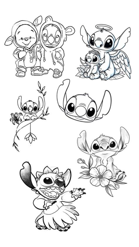 Stitch tattoo collage Stitch And Harry Potter Tattoo, Stitch Disney Tattoo Ideas, Nightmare Before Christmas Tattoo Stencil, Stitch And Scrump Tattoo, Stitch Tattoo Stencil, Lilo And Stitch Tattoo Ideas, Stitch Tattoo Ideas, Disney Characters Tattoos, Tattoo Collage