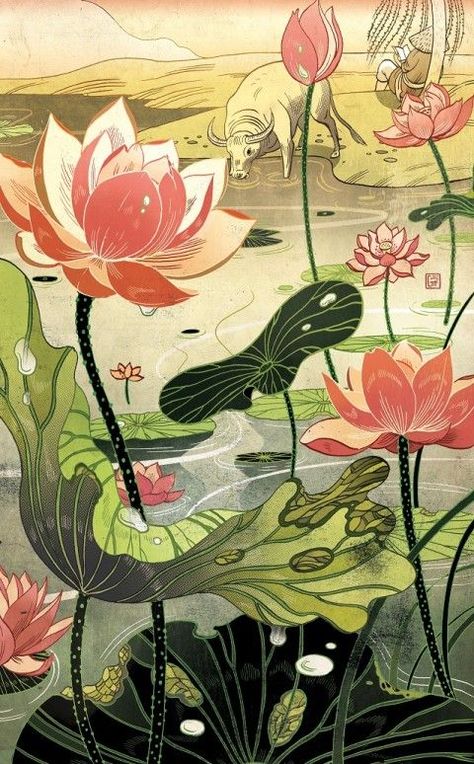 Once Upon A Blog...: Victo Ngai's Gorgeous Illustrations for Folio Society's… Chinese Fairy Tales, Chinese Fairy, Victo Ngai, The Pond, Water Lilies, Flowers And Leaves, Fairy Tales, Water, Flowers