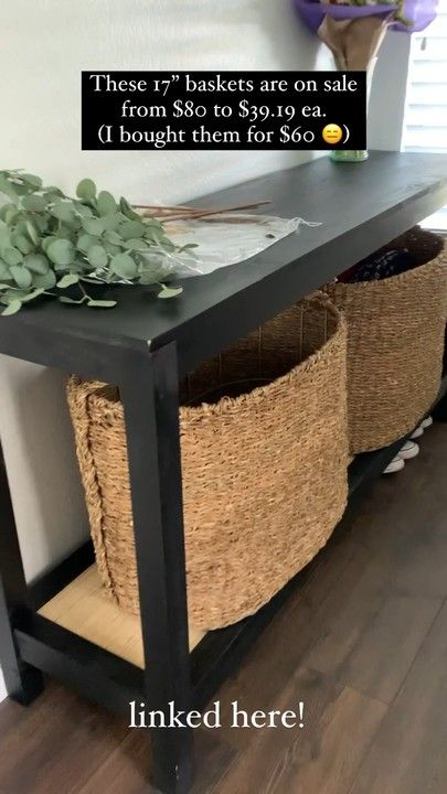 Console Table In Laundry Room, Entry Way Basket Storage, Tv Console Basket Storage, Foyer Shoe Storage Entryway, Console With Baskets Underneath, Baskets For Entryway Table, Under Console Table Storage, Shoe Storage Basket Ideas, Baskets For Shoes Entryway