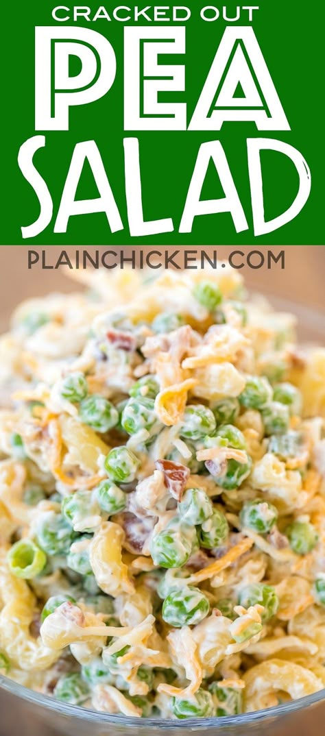 Cracked Out Pea Salad - Macaroni and green peas tossed in mayonnaise, cheddar, bacon and ranch. Seriously delicious!!! Great for potlucks or a side dish with a sandwiches. Great for all your spring and summer cookouts! Can make ahead and refrigerate until ready to serve. It has become our favorite pasta salad recipe!! #pastasalad #sidedish #bacon #ranch Cracked Out Pea Salad, Cookbook Library, Tuna Salads, Groceries Budget, Salad Macaroni, Refreshing Salads, Cracked Out, Pea Salad Recipes, Resep Pasta