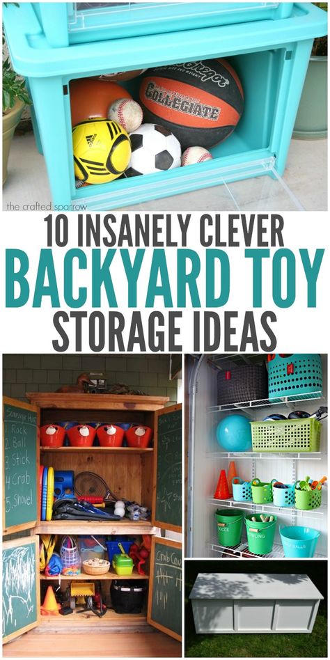 10 Insanely Clever Backyard Toy Storage Ideas Backyard Toy Storage, Outdoor Toy Storage Ideas, Diy Outdoor Toys, Pool Toy Storage, Outdoor Toy Storage, Toy Storage Ideas, Backyard Toys, Outdoor Organization, Pool Storage