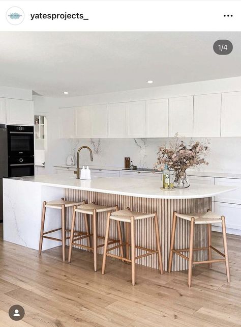 KITCHEN MODERN TABLE STYLE IDEAS Island Bench Styling, Curved Island Bench, Vermont Kitchen, Curved Island, Modern Coastal Kitchen, Amazing Interior Design, Kitchen 2023, Curved Kitchen, Pole House