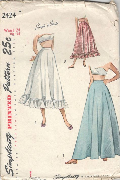 Simplicity 2424: 1940s Teen Easy Petticoat Pattern - Daytime Ballerina and Evening Lengths - Women's Vintage Sewing Pattern - Waist 25" Hip 33" Vintage Petticoat Pattern, Vintage Top Sewing Pattern, Petticoat Pattern Diy, Easy Beginner Sewing Patterns, Easy Clothing Patterns, Petticoat Pattern, Sewing Pattern Free, Vintage Sewing Patterns Free, Ruffle Pattern