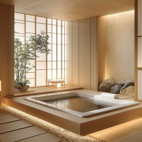 Transform your bathroom into a serene retreat with Japanese-inspired design. Featuring natural wood, stone elements, and a calming soaking tub, this minimalist space offers the perfect escape for relaxation and renewal. #JapaneseBathroom #MinimalistDesign #HomeSpa #ZenAesthetic Japanese Sauna Aesthetic, Japanese Onsen Bathroom, Japanese Dressing Room, Japandi Hotel, Japanese Interior Design Small Spaces, Asian Inspired Bathroom, Japanese Inspired Bathroom, Japanese Home Interior, Japanese Bathrooms