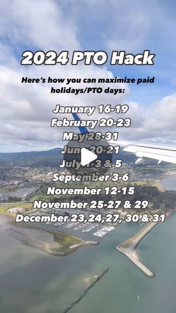 Rosa 💫 Travel & Lifestyle on Instagram: "Here’s how you can maximize your PTO & Paid Holidays in 2024! By adding a few days before or after a paid holiday you can easily maximize your time off so start requesting these days off. This is how I’m able to travel often with a full time office job. For example I’ll be spending 7 days in Portugal this month and only using 2 PTO days just by tagging them along to a holiday. Make sure to save this post and follow @rosaalexc along for more travel tips and inspo! ✨ . . . #ptohacks #ptomaxedout #ptolover #vacationtime #vacationmode #ptotravels #travelhacks" Maximize Pto Days 2024, Maximize Days Off 2024, Paid Time Off, Vacation Days, Office Job, Good Morning Friends Quotes, Finances Money, Morning Friends, Life Hack