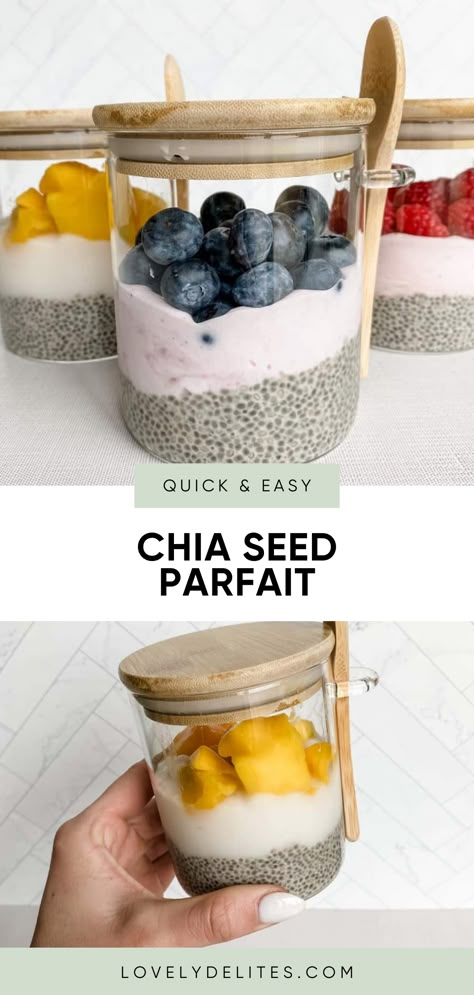 This Chia Seed Parfait breakfast recipe takes only 5 minutes to prep. If you're looking for a quick and easy breakfast recipe that you can prep the night before, then this chia seed pudding is for you! This healthy and light breakfast recipe is the perfect grab-and-go breakfast for those busy mornings! Chia Seed Pudding Dairy Free, Morning Chia Seed Pudding, Chia Seed Breakfast Recipes Mornings, Chia And Flax Seed Recipes, Chia Seed Pudding Meal Prep, Healthy Chia Seed Recipes Breakfast, Chia Seeds Breakfast Recipes, Chia Parfait Recipe, Chia Seed Pudding Healthy Breakfast