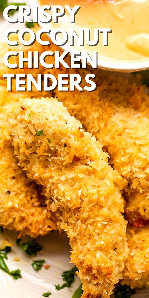 Crispy, well-seasoned, and coated with coconut flakes, these Coconut Chicken Tenders are very easy to make and they're absolutely delicious! #chickentenders #coconutchicken #healthyrecipes Aip Chicken Tenders, Paleo Coconut Chicken, Summer Apps, Easy Paleo Chicken, Coconut Chicken Recipe, Coconut Chicken Tenders, Aip Meals, Keto Meat, Baked Coconut