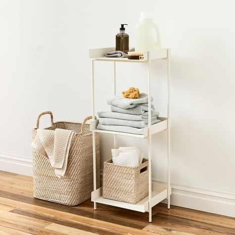 Small Powder Room Decor, Decor Storage Ideas, Room Decor Storage, 3 Tier Shelf, Small Powder Room, Tall Shelves, Powder Room Decor, Tier Shelf, Metal Wall Shelves