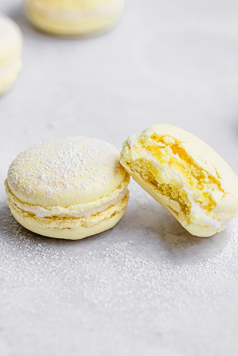 Lemon Macarons, Lemon Buttercream Frosting, Lemon Buttercream, Italian Meringue, Buttercream Filling, Cream Cheese Eggs, Fun Baking, Paleo Desserts, French Desserts