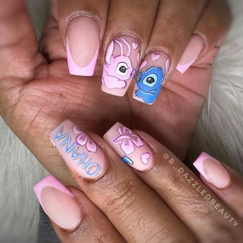 Stitch Halloween Nails, Stitch And Angel Nails, Nails Stitch, Stitch Nails, Character Nails, Stilleto Nails Designs, Disney Acrylic Nails, Cartoons Movies, Holloween Nails