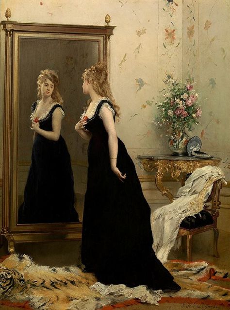 Gustave Léonhard de Jonghe (Belgian painter) 1829 - 1893 Voor de Spiegel (In Front of the Mirror), s.d. oil on panel 72 x 54 cm. Koninklijk Museum voor Schone Kunsten, Antwerp, Belgium Classic Paintings, Arte Inspo, Victorian Art, Historical Art, Old Paintings, Romantic Art, Ethereal Art, Classical Art, Mirror Art