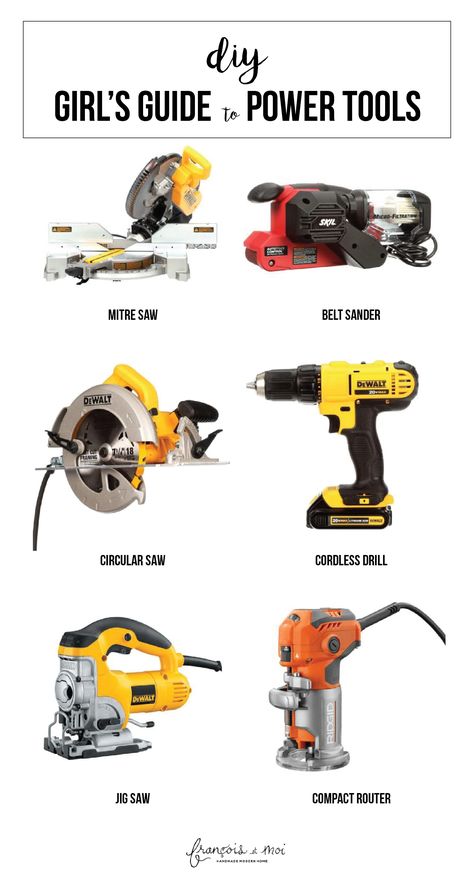 What to build furniture and accessories for your home? Learn the basics of power tools here. Diy Tools Woodworking, Power Tool Storage, Build Furniture, Woodworking Power Tools, Wood Crafting Tools, Carpentry Tools, Woodworking Hand Tools, Construction Tools, Popular Woodworking