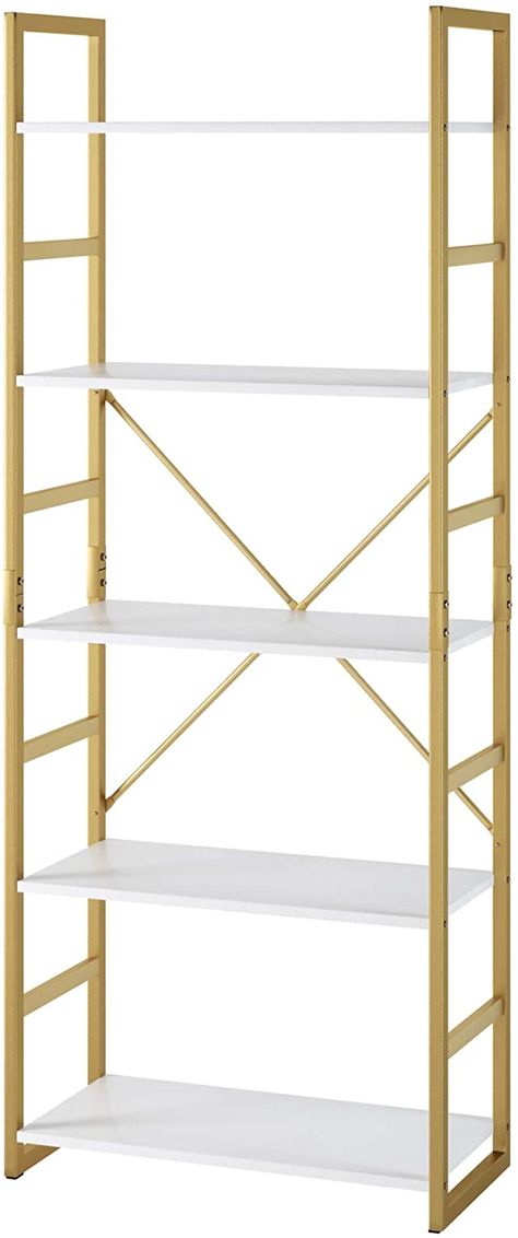 Gold Bookshelf, Free Standing Display, Bedroom Makeover Ideas, Home Office White, White And Gold Decor, Standing Display, Gold Shelves, White Bookshelves, Gold Rooms