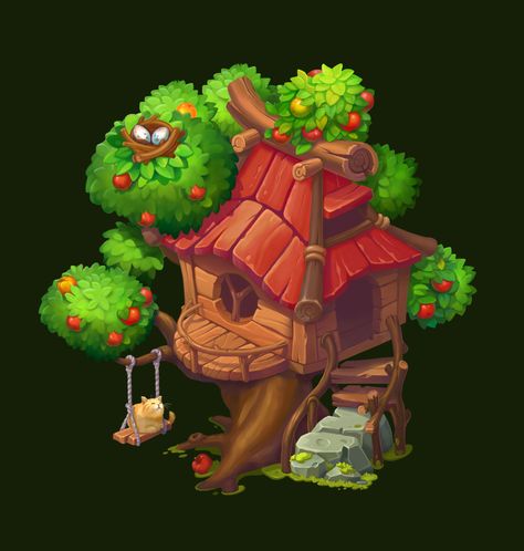 House Game Art, Tree Town, Child Illustration, Tree House Kids, Props Concept, Magic House, House Games, Casual Art, 2d Game Art