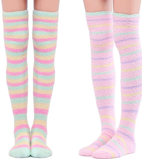 Cute Coral Fleece Thigh High Long Striped Socks 2 Pairs Kawaii Fashion AffLink Onesie Pajamas, Thigh High Socks, Thigh High Stockings, Striped Socks, Long Socks, Knee High Socks, Casual Socks, Amazon Women, Kawaii Fashion