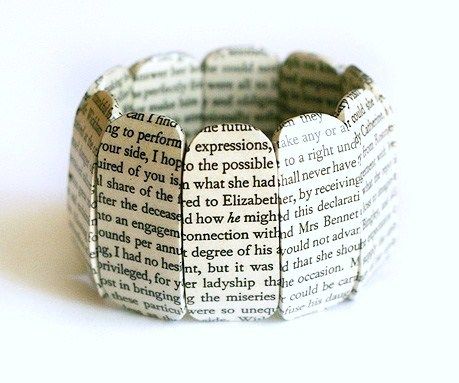 A round up of ideas for turning book pages into wearable accessories. Paper Bracelets, Jewel Bracelet, Paper Jewellery, Etsy Inspiration, Pride Prejudice, Paper Bead Jewelry, Magazine Crafts, Folded Book Art, Book Jewelry