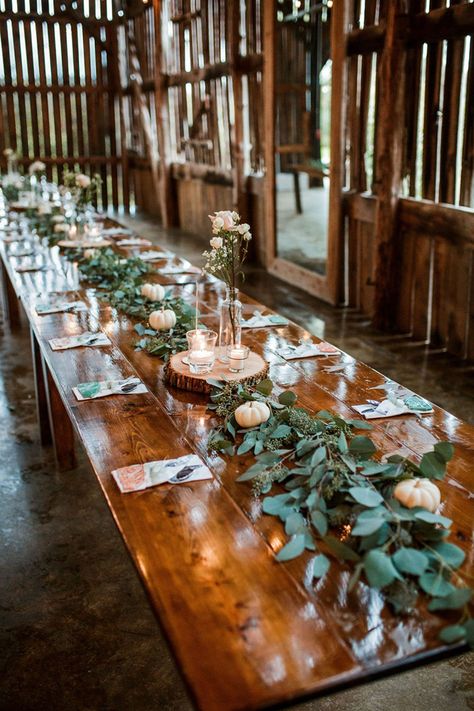 Fall Wedding Farmhouse Table Decor, Farm Style Table Wedding, Wedding Table Decoration Long Table, Wedding Centerpieces Ideas Long Tables, Farm Table Wedding Centerpiece, Farm Table Centerpiece Wedding, Barn Table Wedding Decor, Barn Wedding Decorations Centerpieces, Long Tables For Wedding