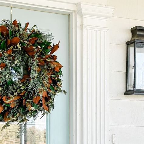 The Cottage Journal on Instagram: "A stunning magnolia wreath accented with sprigs of greenery contrasts against a bright blue door, bringing the season's beauty front and center. (Repost: @margaretofyork) #repost #thecottagejournal #autumn #magnolia #wreath" Cottage Journal, Door Entryway, Magnolia Wreath, Blue Door, The Cottage, Bright Blue, Front Yard, Magnolia, Instagram A