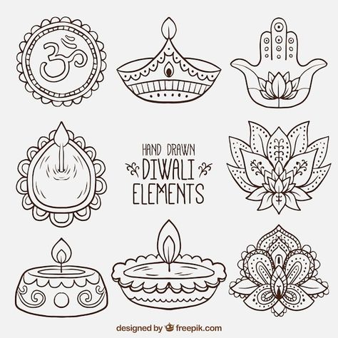 Collection of hand drawn diwali decorati... | Free Vector #Freepik #freevector #diwali-elements #diwali-decoration #diwali-lights #diya Diwali Vector, Diwali Drawing, Diwali Poster, Basic Nails, Poster Drawing, Decorative Elements, Cool Art Drawings, Nail Art Diy, Diwali