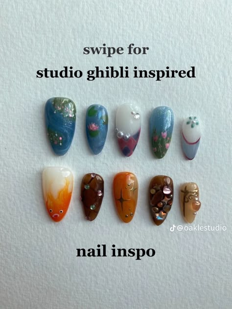 Ponyo Inspired Nails, Howls Moving Castle Inspired Nails, Atla Inspired Nails, Howls Moving Castle Nails Simple, Ghibli Inspired Nails, Howls Moving Castle Nail Art, Calcifer Nails, Pond Nails, Ghibli Nail Art