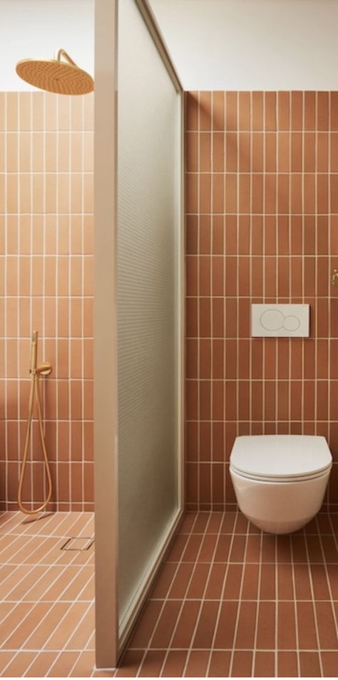 60s Tiles Bathroom, Toilet Without Window, Fire Clay Tile Bathroom, Mid Century Terracotta, White And Terracotta Bathroom, Guest Bath No Window, Bathroom Colour Tiles, Clay Tiles Bathroom, Terracota Bathroom Tiles