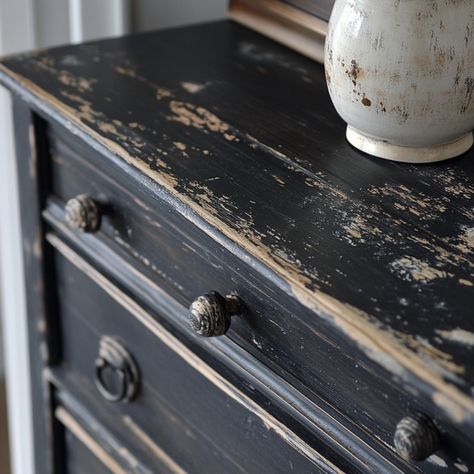 Distressed Furniture DIY - 8 Easy Ways That Work - The Honeycomb Home Distressing Black Furniture Diy, Black Distressed Furniture Diy, Blackwashing Furniture, Distressed Black Furniture, Shades Of Brown Paint, Black Distressed Furniture, Distressed Furniture Diy, Annie Sloan Wax, Black Painted Furniture