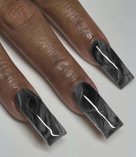 Black Acrylic Nails Marble, Goth Marble Nails, Black Nail Inspo Acrylic Medium, Black And White Marble Nails Short, Short Black Marble Nails, Grey Short Nail Designs, Black Medium Square Nails, Black And White Marble Nail Designs, Black Marble French Tip Nails