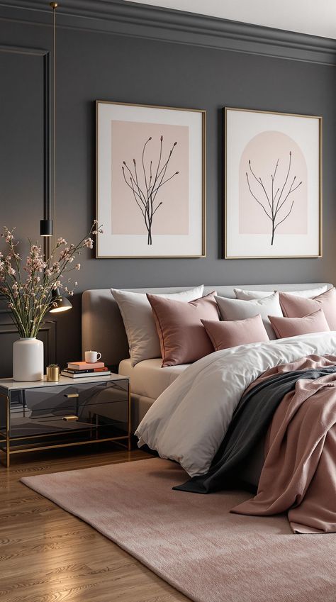 Dark Feminine Bedroom Feminine Contemporary Bedroom, Neutral Bedroom With Jewel Tones, Masculine Bedroom With Feminine Touches, Bedrooms Dark Walls, Dark Room Minimalist, Dusk Madison Bed, Master Bedrooms Maroon, Shades Of Gray Bedroom Ideas, Calm Luxury Bedroom