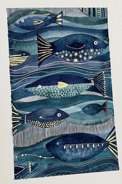 Blue Fish Drawing, Fish Sketch, Shoal Of Fish, Aquatic Art, Folk Art Fish, Landscape Art Quilts, Fish Drawing, Watercolor Art Landscape, Aqua Art