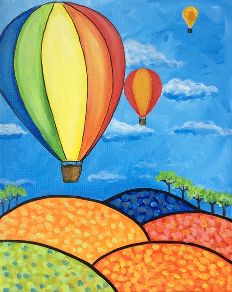 Easy Painting For Kids, Easy Canvas Painting, Glass Work, Hot Air Balloons, Kids Coloring, Beginner Painting, Air Balloons, Art Drawings For Kids, Painting Class