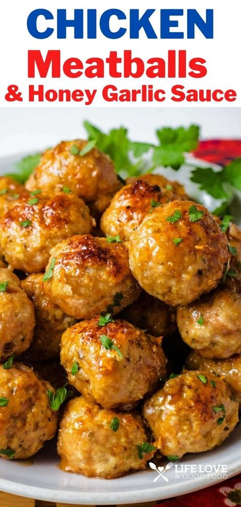 Chicken meatballs are easy to prepare and make a delicious appetizer or main dish. Mix up a batch for game day or a quick weeknight dinner! Ready in 30 minutes, everyone loves the sweet and spicy glaze! Meatball Appetizer, Garlic Sauce For Chicken, Dipping Sauces For Chicken, Chicken Meatball Recipes, Appetizer Meatballs, Hot Appetizers, Sheet Pan Dinners Recipes, Honey Garlic Sauce, Appetizer Ideas