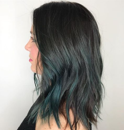 Teal Balayage Hair Black Hair With Teal Highlights, Smokey Teal Hair, Teal Balayage, Teal Highlights, Teal Hair, Artistic Hair, Hair Black, Deep Teal, Hair Colour