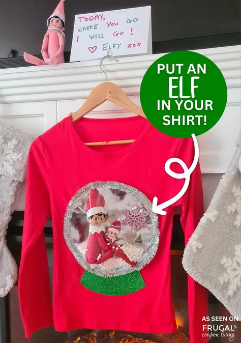 Can you carry The Elf on the Shelf! The answer is yes but remember The Elf on the Shelf rule, don't touch him! Create a fun, wearable elf t-shirt where your child can carry their family elf all day! This creative DIY t-shirt features Scout Elf ready for a playful adventure with your child! This is a must try, unqiue idea for The Elf on the Shelf. New Ideas for The Elf on the Shelf and free Christmas printbles. Elf On The Shelf Ideas Last Few Days, Diy Elf Shirt Kids, Elf On The Shelf Ugly Sweater Diy, Scout Elf Ideas, Diy Elf Shirt, Elf Day At School Outfit, Diy Elf On The Shelf Clothes, Kids Elf Outfit, Last Day Elf On The Shelf Ideas