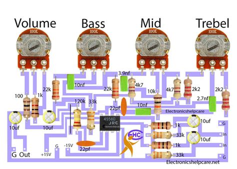 DIY bass tone circuit - Electronics Help Care Bass Treble Circuit Diagram, Best Subwoofer, Diy Amplifier, Electronics Storage, Subwoofer Amplifier, Tone Control, Sound Boxes, Electric Tools, Electronics Components