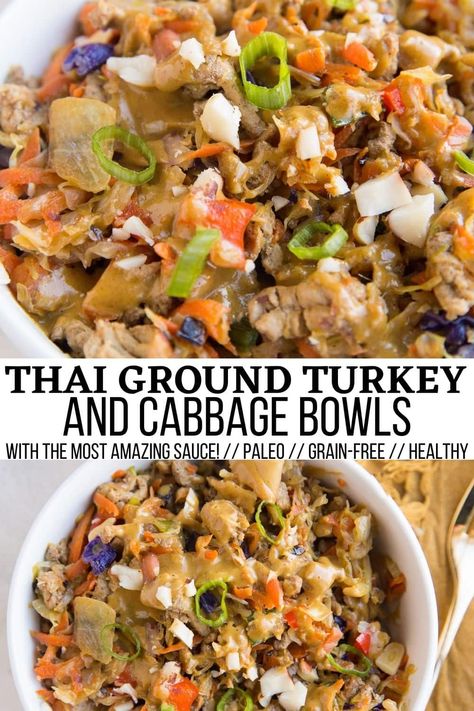 Thai Ground Turkey and Cabbage Bowls - The Roasted Root Ground Turkey And Cabbage, Turkey And Cabbage, Turkey Cabbage, 500 Calorie, Cabbage Stir Fry, Diner Recept, Ground Turkey Recipes, Cabbage Recipes, Stir Fry Recipes